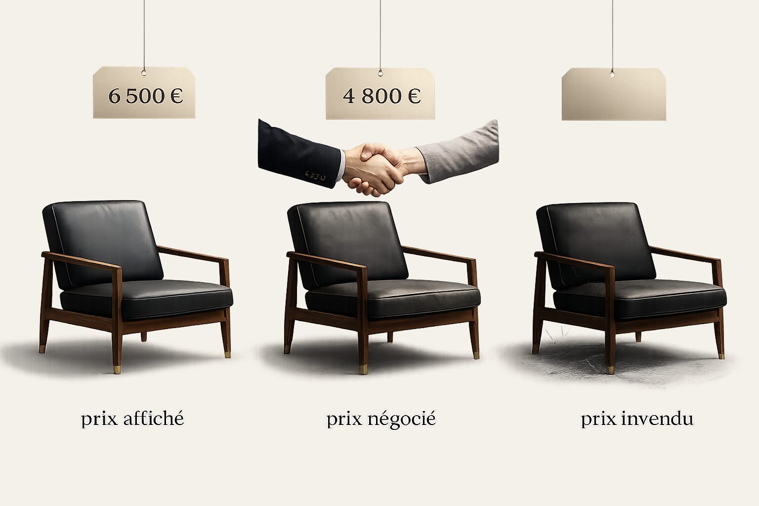 Fauteuil design illustrant trois niveaux de prix : prix affiché, prix négocié et prix invendu